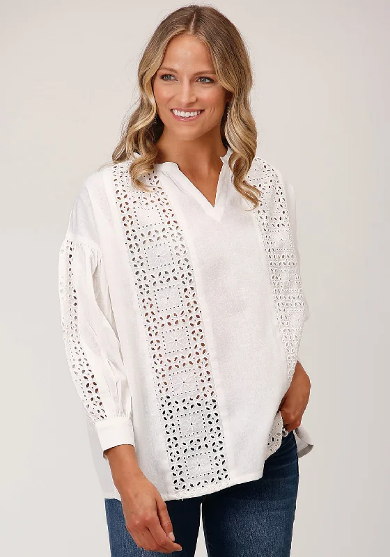 Roper Womens Flex Peasant White 100% Cotton 3/4 Sleeve S/S Blouse Classic White Blouse