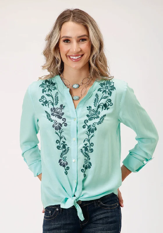 Roper Womens Floral Long Tails Aqua 100% Rayon L/S Blouse Office Formal Blouse