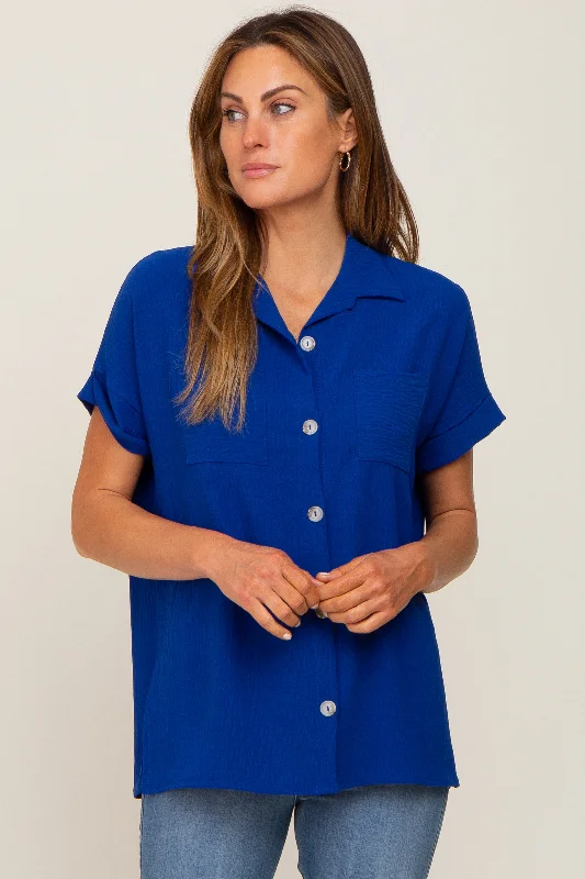 Royal Blue Collared Button-Down Short Sleeve Blouse Soft Modal Blouse