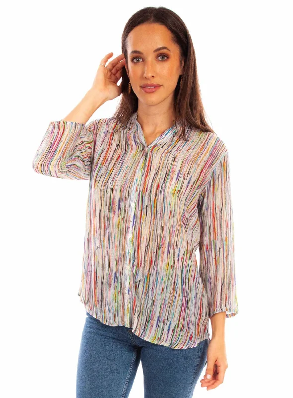 Scully Womens Abstract Striped Multi-Color Viscose 3/4 Sleeve S/S Blouse Office Formal Blouse