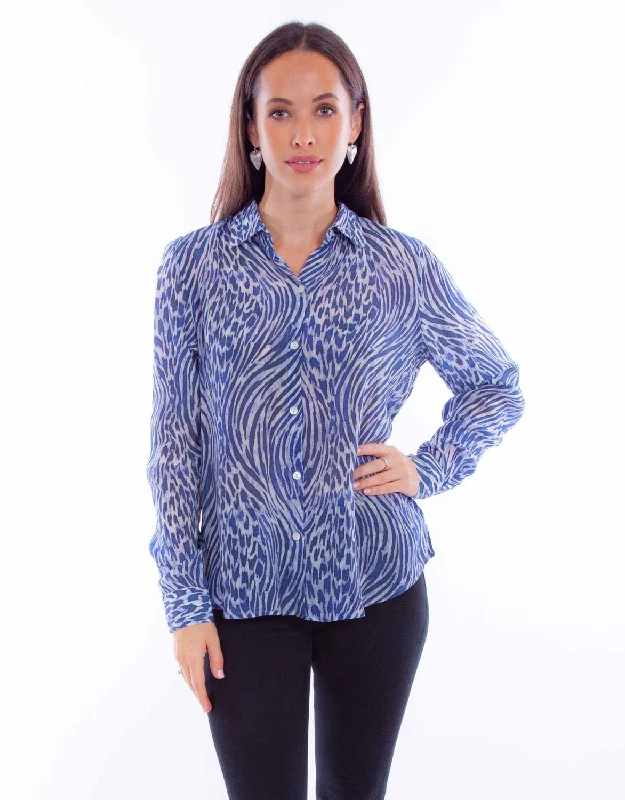 Scully Womens Animal Print Blue Rayon L/S Blouse Soft Modal Blouse