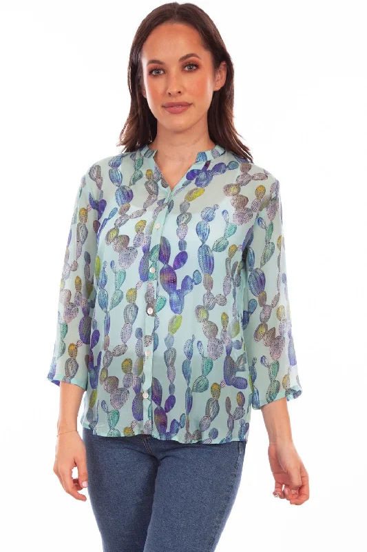 Scully Womens Aqua Rayon Cactus S/S Blouse Classic Minimalist Blouse