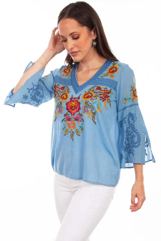 Scully Womens Blue Multi 100% Cotton Detailed Floral S/S Blouse Casual Relaxed Fit Blouse