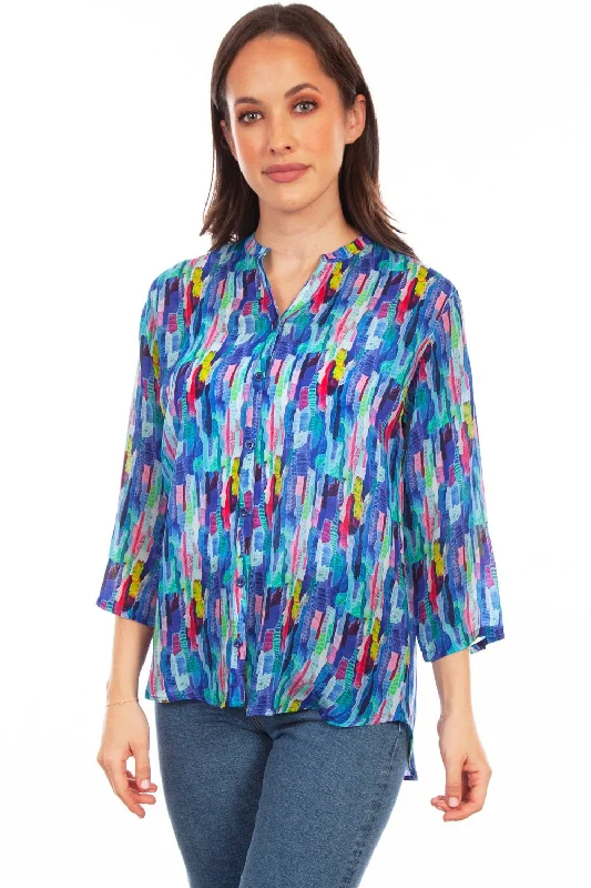 Scully Womens Blue Multi Rayon Dazzling S/S Blouse Side Tie Blouse