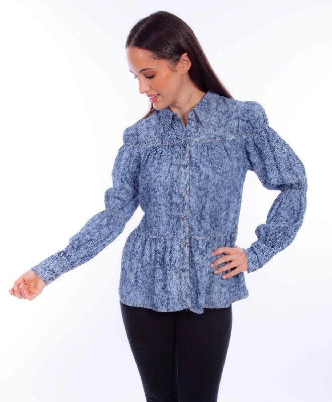 Scully Womens Button Peasant Blue Lyocell L/S Blouse Stretchy Fitted Blouse