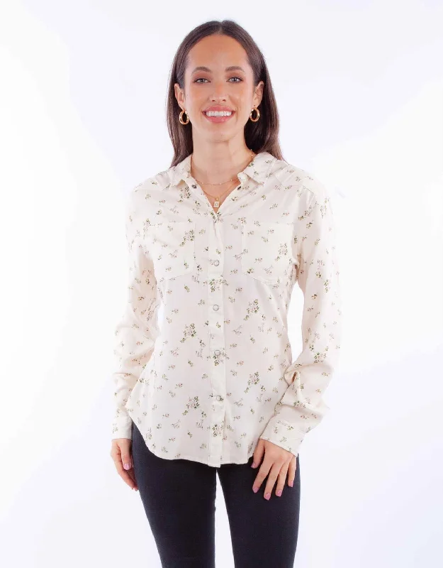 Scully Womens Ditsy Floral Print Ivory 100% Rayon L/S Blouse Side Tie Blouse