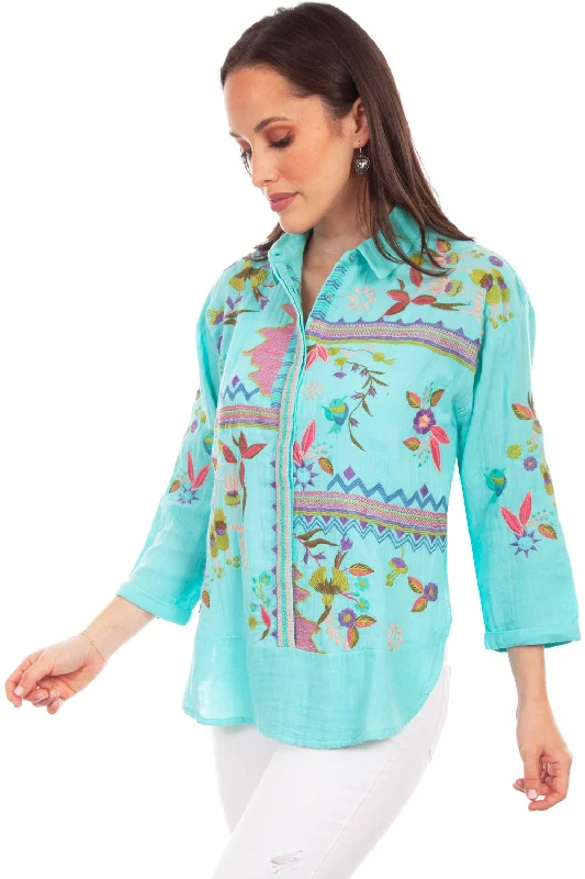 Scully Womens Double Gauze Turquoise 100% Cotton S/S Blouse Bell Sleeve Blouse