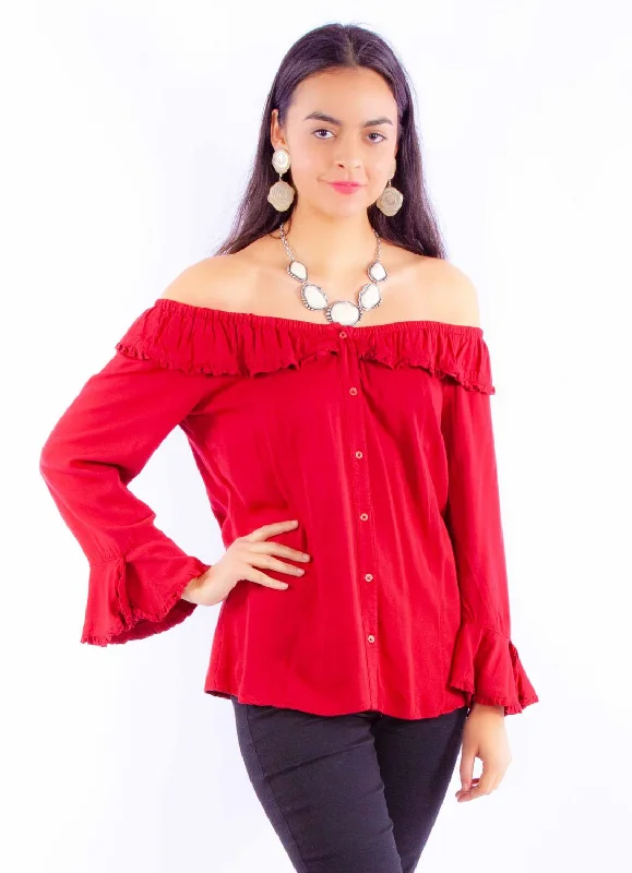 Scully Womens Drapey Silhouette Red 100% Rayon L/S Blouse Vintage Lace Blouse