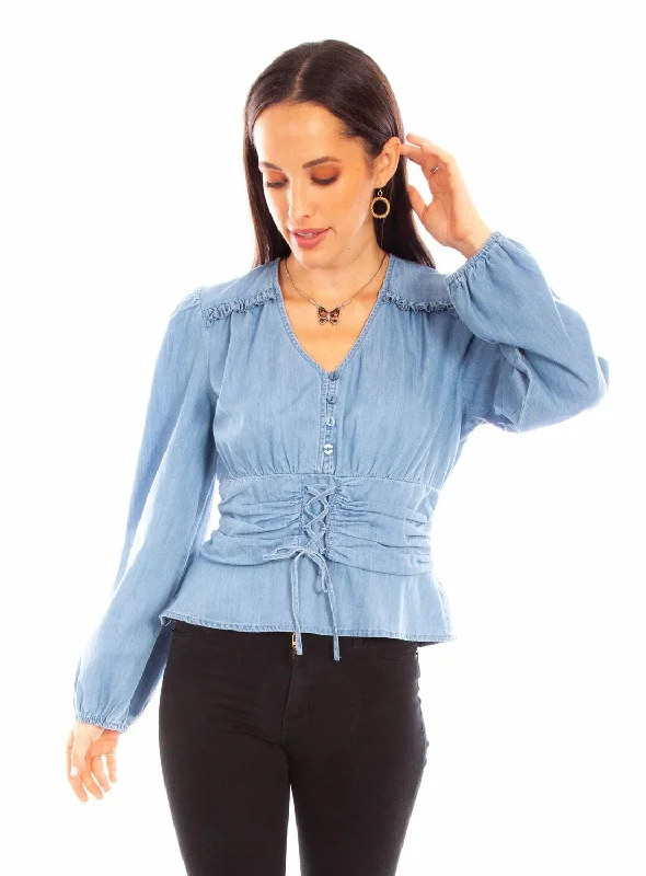 Scully Womens Lace-Up Peplum Denim 100% Cotton L/S Blouse Smart Business Blouse