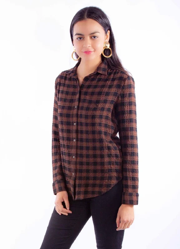 Scully Womens Plaid Button Up Brown Rayon Blend L/S Blouse Oversized Silk Blouse