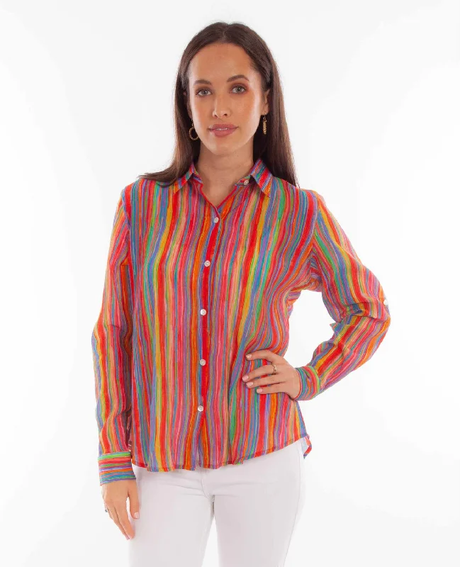 Scully Womens Rainbow Stripe Multi-Color Rayon L/S Blouse Asymmetric Hem Blouse