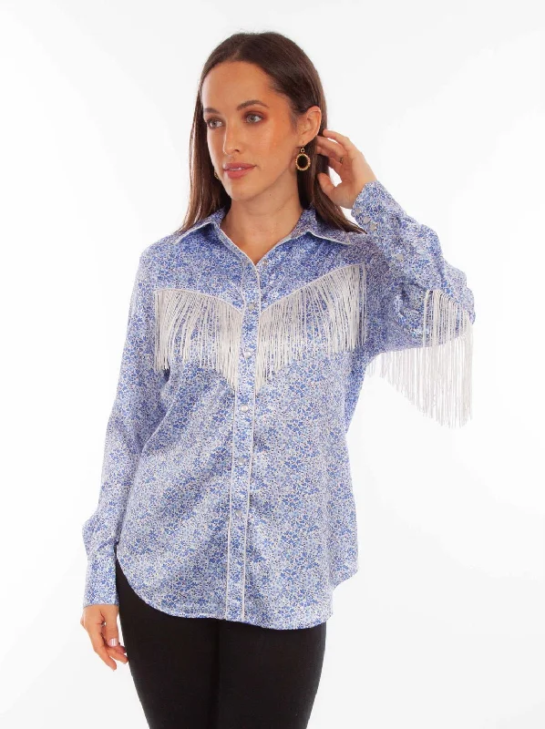 Scully Womens Rodeo Fringe Blue 100% Polyester L/S Blouse Soft Modal Blouse