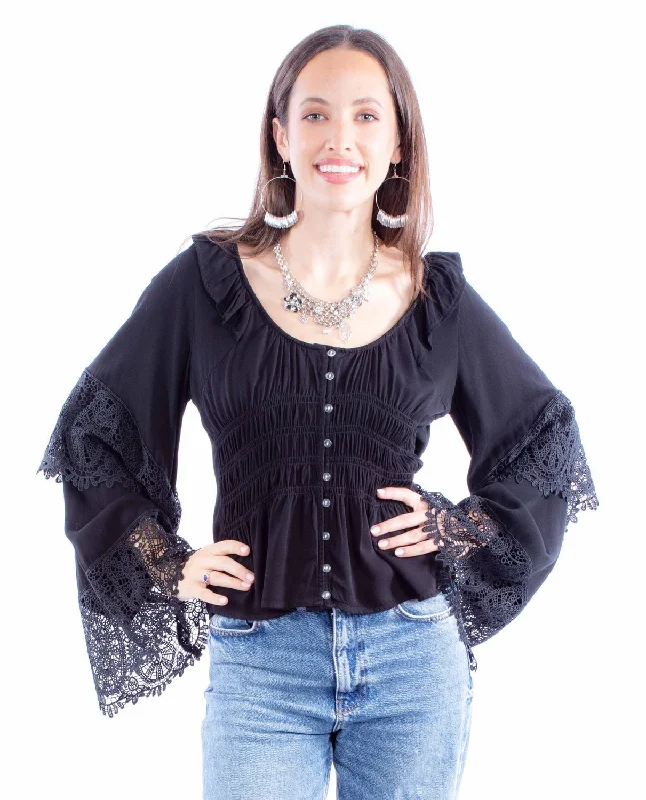 Scully Womens Ruffle Crochet Black 100% Rayon L/S Blouse Wrap Front Blouse