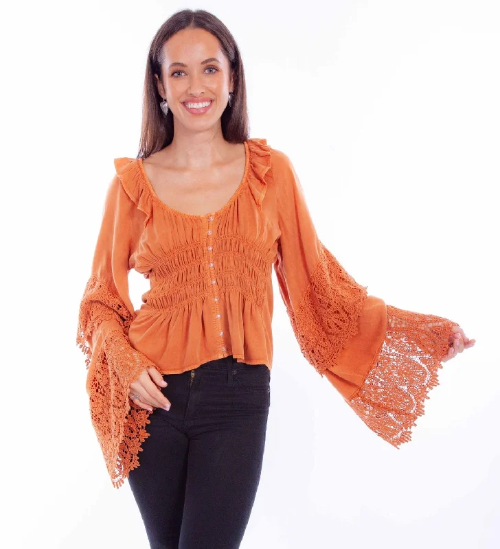 Scully Womens Ruffle Crochet Russet 100% Rayon L/S Blouse Pastel Color Blouse