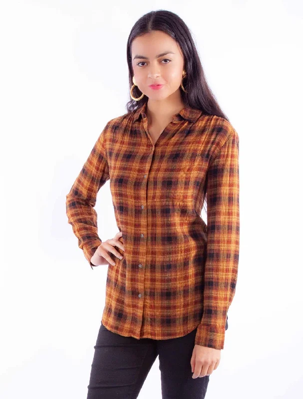 Scully Womens Seersucker Plaid Autumn Rayon Blend L/S Blouse High Neck Blouse