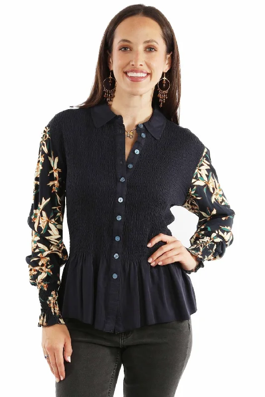 Scully Womens Smocked Peplum Navy 100% Rayon L/S Blouse Versatile Layering Blouse