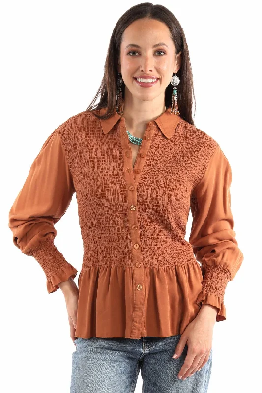 Scully Womens Smocked Peplum Terracotta 100% Rayon L/S Blouse Subtle Shimmer Blouse