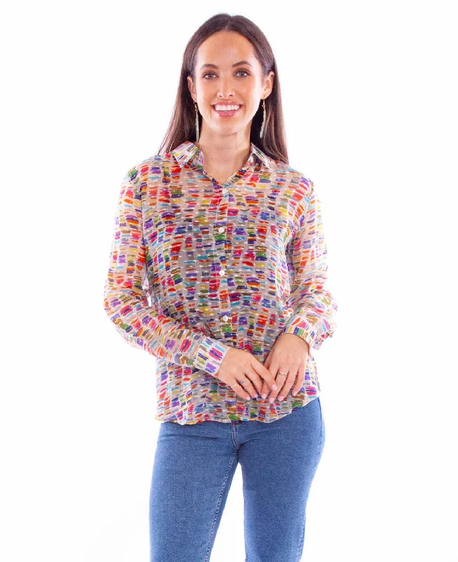 Scully Womens Stained Glass Multi-Color Rayon L/S Blouse Polished Work Blouse