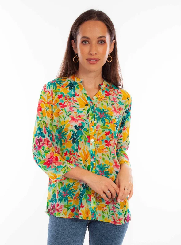 Scully Womens Tropical Print Tropical Viscose 3/4 Sleeve S/S Blouse Cotton Casual Blouse