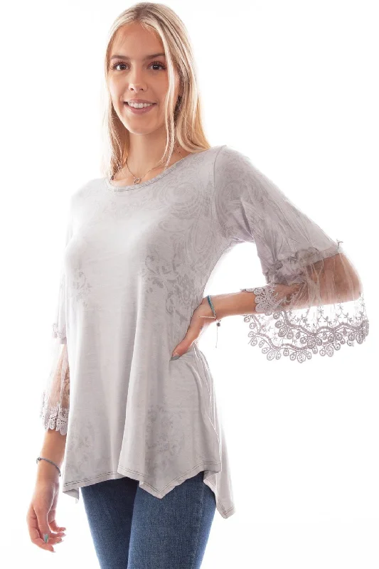 Scully Womens Tulle Crochet Silver Rayon S/S Blouse Casual Button Blouse