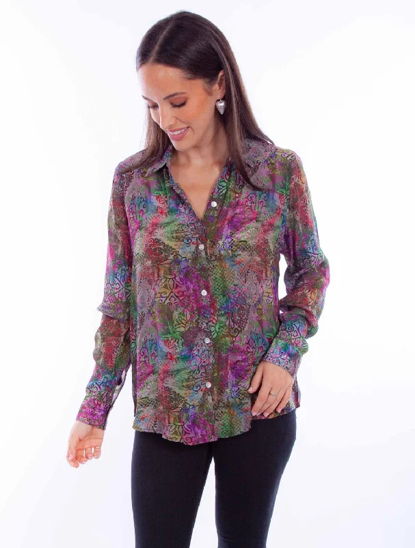 Scully Womens Vivid Distressed Multi-Color Rayon L/S Blouse Smart Business Blouse