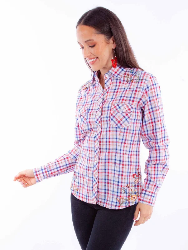 Scully Womens Yarn Dyed Check Red/White/Blue 100% Cotton L/S Blouse Chic Square Blouse