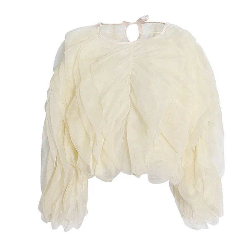 Semi Sheer Chiffon Layered Ruffle Puff Sleeve Round Neck Cropped Blouse Silky Draped Blouse