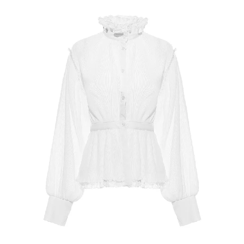 Sheer Ruffled High Neck Puff Sleeve Button Down Pleated Peplum Blouse Sleeveless Summer Blouse