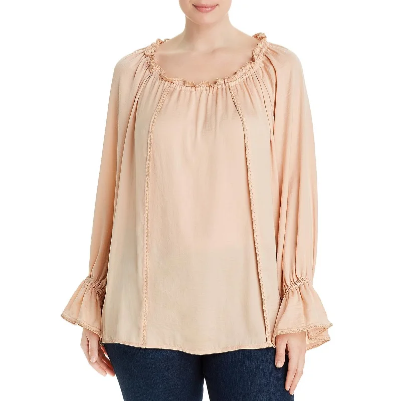 Single Thread Womens Plus Bateau Ruffled Blouse Satin Bow Blouse