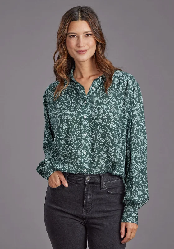 Stetson Womens Lucky Littl Floral Green 100% Rayon Button L/S Blouse Playful Puff Blouse