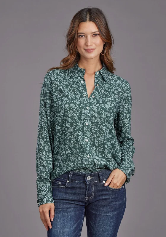 Stetson Womens Lucky Littl Floral Green 100% Rayon L/S Blouse Gathered Detail Blouse