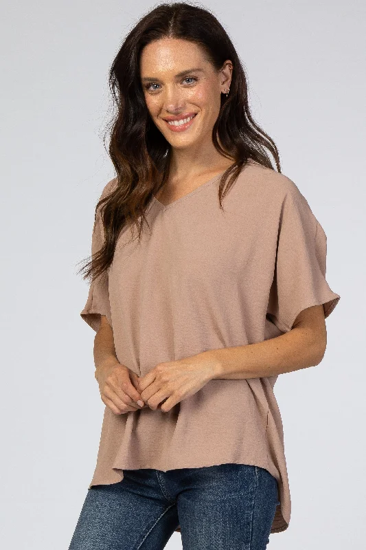 Taupe Short Sleeve Blouse Drape Neck Blouse