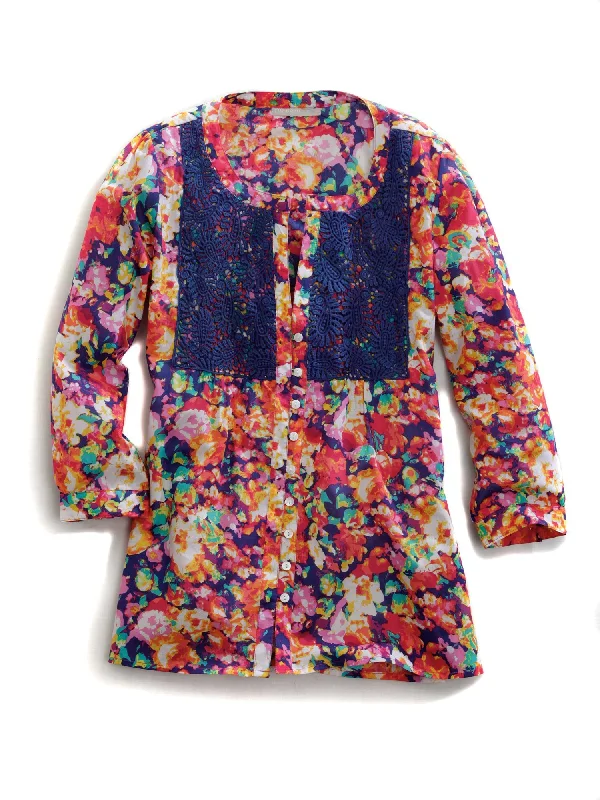 Tin Haul Womens Floral Impression Multi-Color 100% Cotton L/S Blouse Elegant Semi-Sheer Blouse