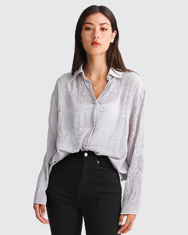 Yoko Shirred Chiffon Blouse  - Grey Flowy Bohemian Blouse