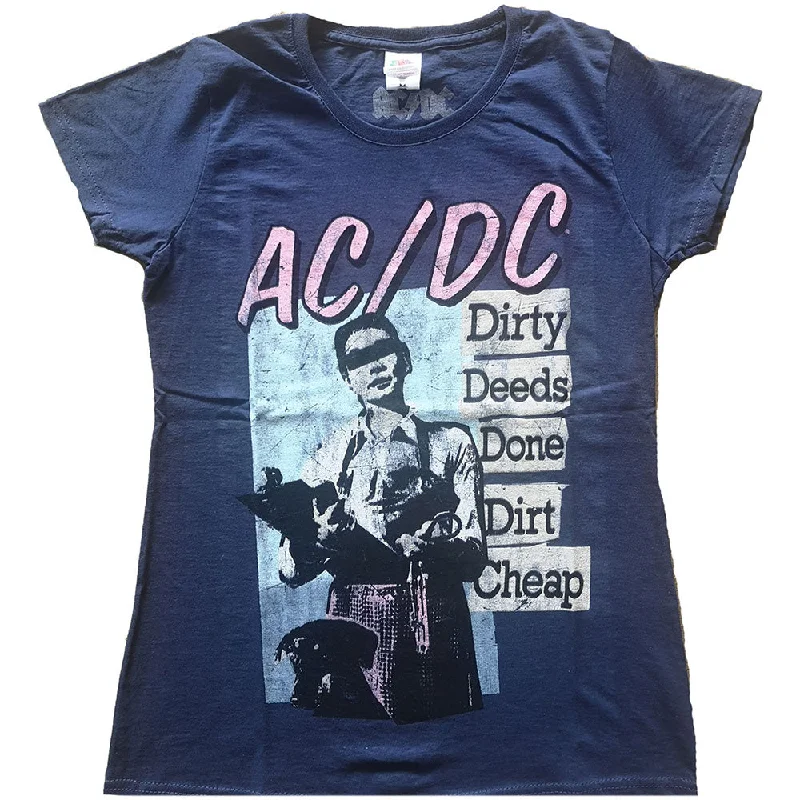 AC/DC Ladies T-Shirt: Vintage Dirty Deeds Done Dirt Cheap Spandex Blend Rayon Blend Denim Blend