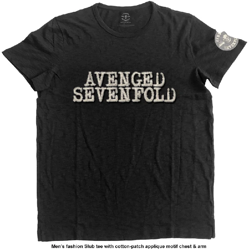 Avenged Sevenfold Unisex Fashion T-Shirt: Logo & Death Bat (Applique Motifs) Terry Blend Velvet Blend Canvas Blend