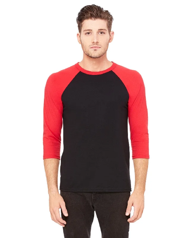 Bella+Canvas Unisex Triblend 3/4-Sleeve Baseball T-Shirt | Black/ Red Solid Print Embellished