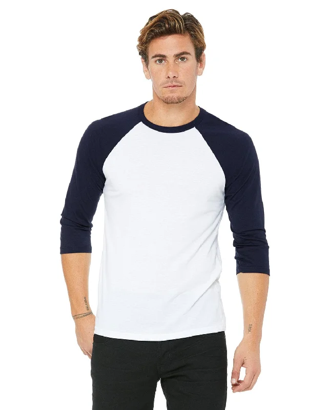 Bella+Canvas Unisex Triblend 3/4-Sleeve Baseball T-Shirt | White/ Navy Collared T-Shirt Boat Neck A-Line