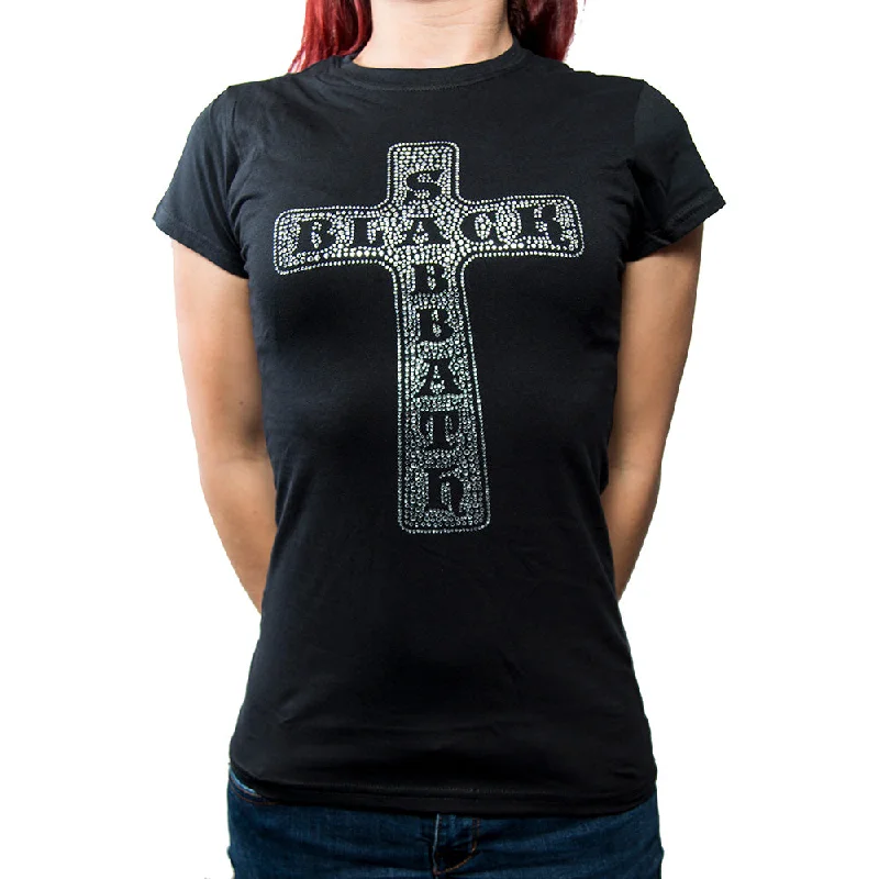 Black Sabbath Ladies Fashion T-Shirt: Cross (Diamante) Faux Fur Fabric Real Fur Fabric Shearling Fabric