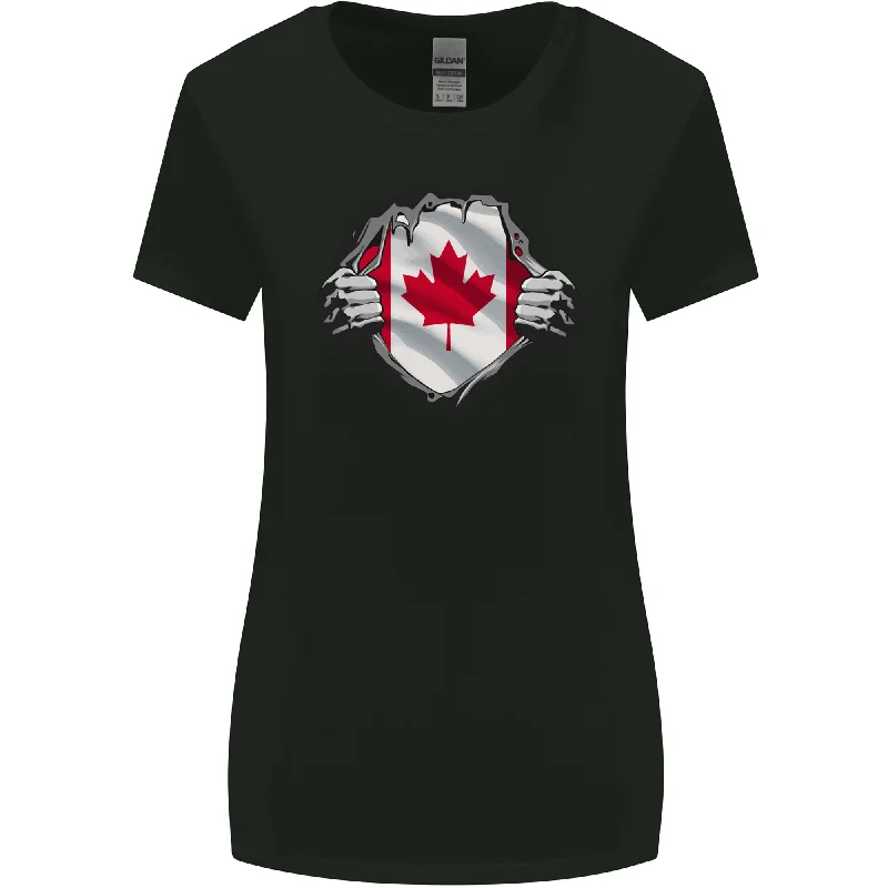 Canadian Flag Ripped Torn Gym Canada Day Womens Wider Cut T-Shirt Ribbed Striped Patterned