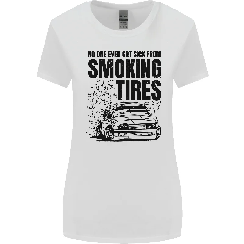 Car Drifting Burning Tires Womens Wider Cut T-Shirt Jersey Fabric Tulle Fabric Batik Fabric