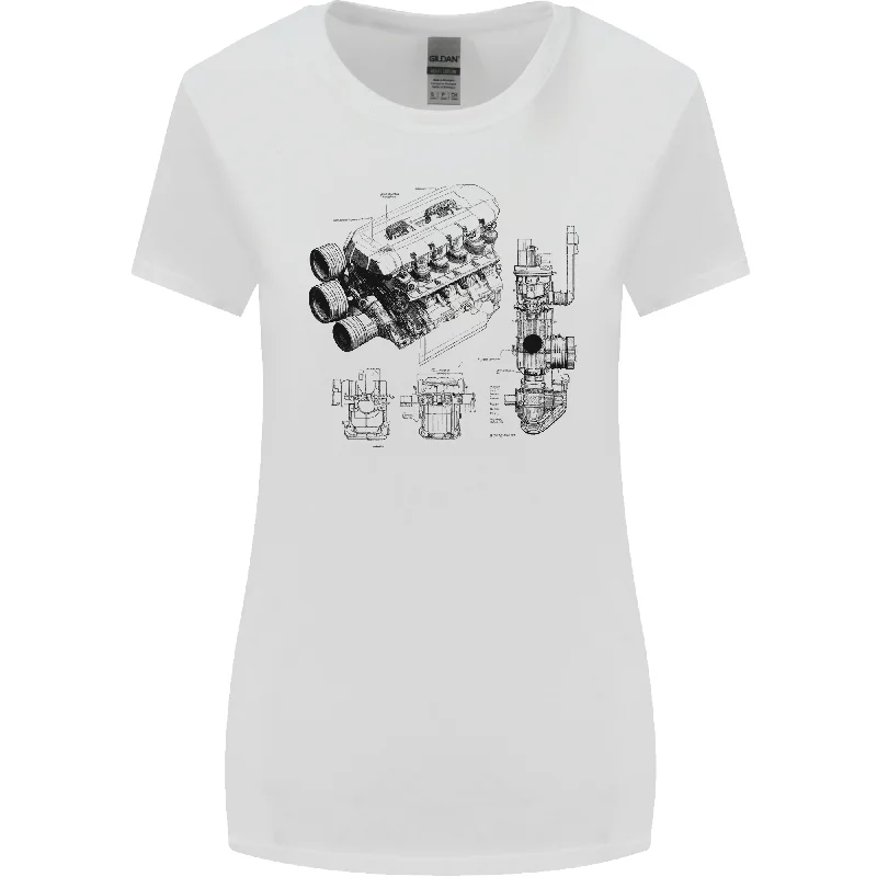 Car Engine Blueprints Petrolhead Womens Wider Cut T-Shirt Print Jacquard Patchwork