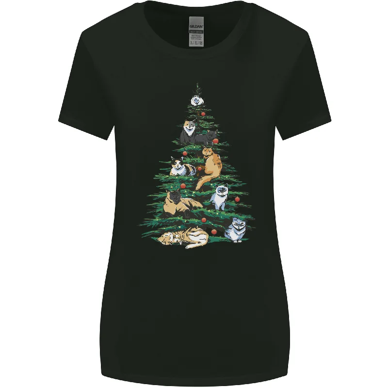 Cat Christmas Tree Womens Wider Cut T-Shirt Hooded Caped Shawl Collar