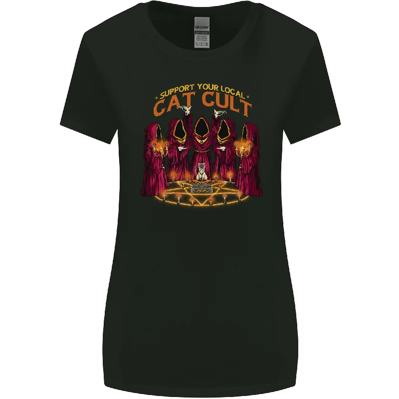 Cat Cult Evil Feline Devil Worship Satanic Womens Wider Cut T-Shirt Silk Blend Satin Velvet