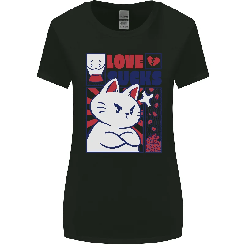 Cat Love Sucks Anti Valentines Singles Day Womens Wider Cut T-Shirt V-Neck T-Shirt Long Sleeve Cotton