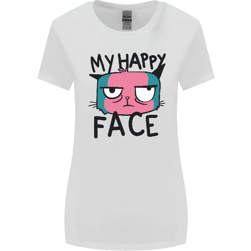 Cat My Happy Face Funny Grumpy Womens Wider Cut T-Shirt Iron Safe Non-Iron Wrinkle Free