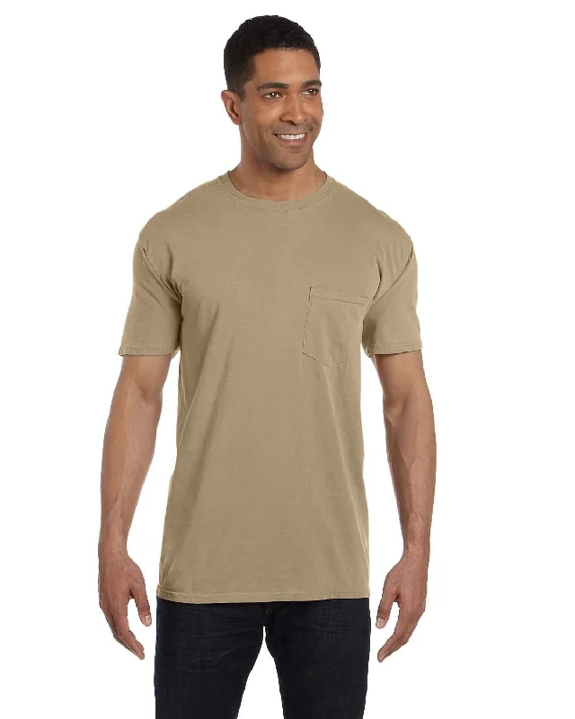 Comfort Colors Garment-Dyed Pocket T-Shirt | Khaki Ribbed Striped Patterned