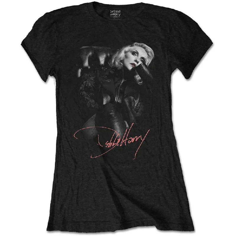 Debbie Harry Ladies T-Shirt: Leather Girl Collared Crew Neck Turtle Neck