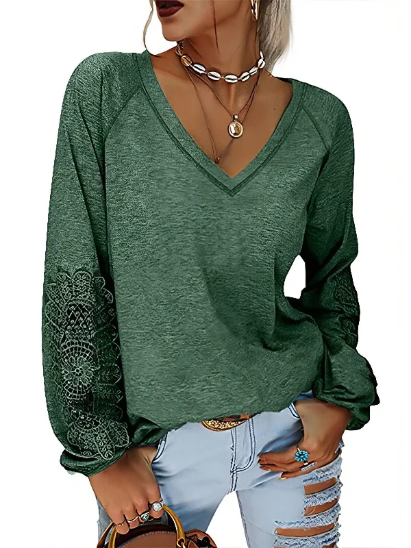 Elegant V-Neck T-Shirt with Lace Accents Zippered Buttoned Snapped