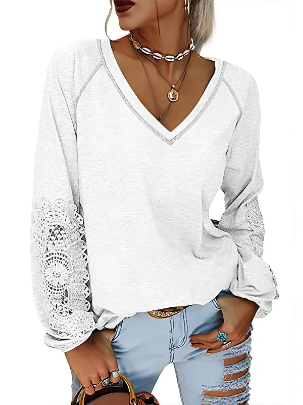 Flowy V-Neck T-Shirt with Lace-Up Sleeves Striped Floral Plaid